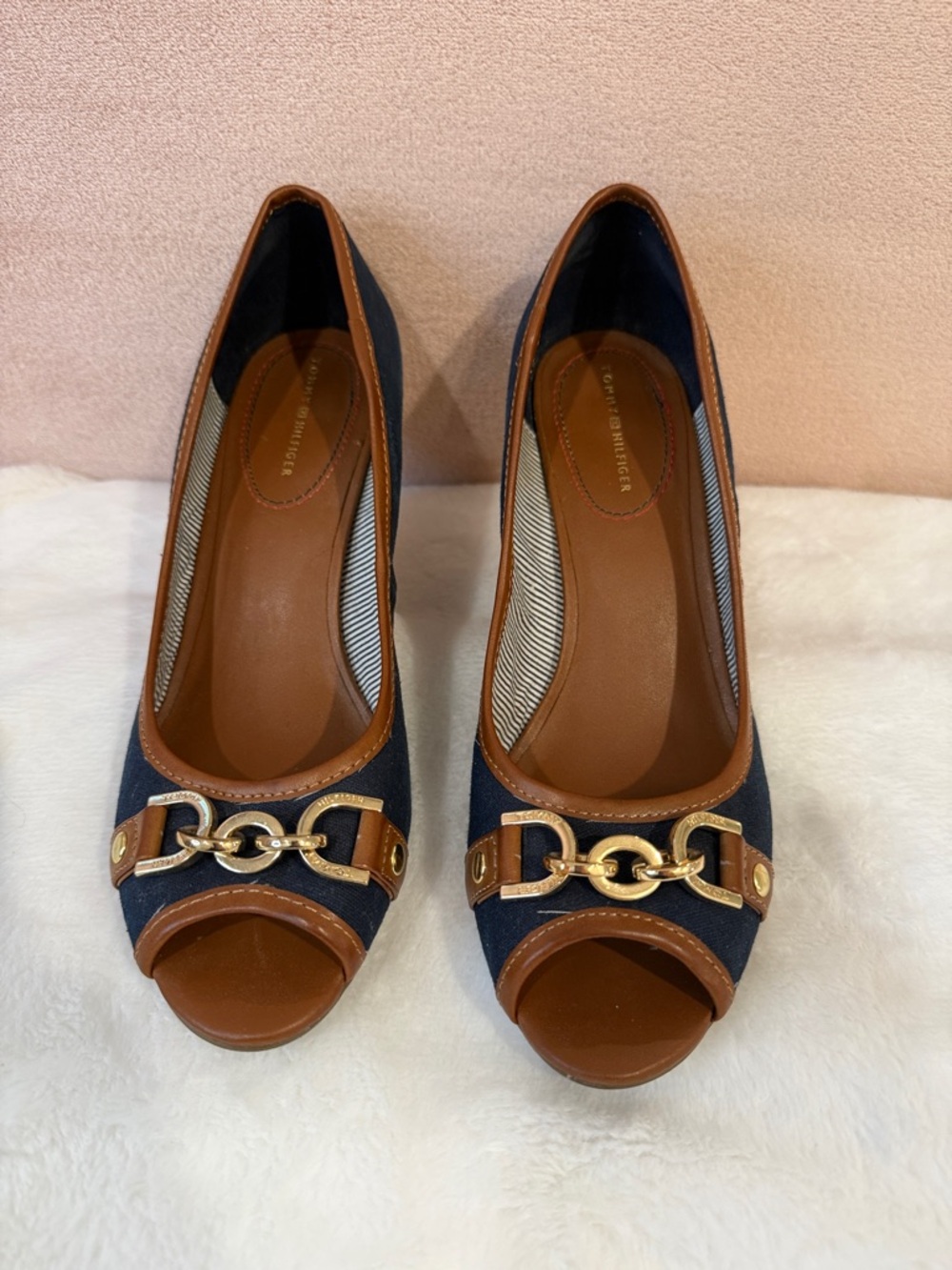 Tommy Hilfiger Navy and Brown Peep-Toe Wedge Heels with Gold Chain